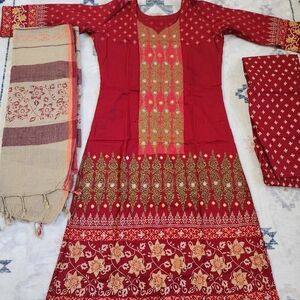 3-Piece Cotton Stitched Embroidered Block Print Kamiz Salower Set-Small 34 Bust